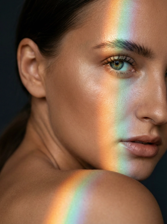   Создано с помощью сервиса Создать по своему фото и промпту

Промпт пользователя:
Сохрани мою внешность 1:1 по референсу, черты и мимику не менять. Ультра-крупный бьюти-портрет 1:1: вид со спины через плечо, в кадре половина лица — один hazel-blue глаз,
часть губ и обнажённое плечо. Корпус повернут спиной, голова обернута к камере; взгляд прямой
из-под слегка опущенных век, губы приоткрыты, плечо диагонально в мягкой S-линии. Кожа
тёплая бронзовая, лёгкое влажное свечение,
натуральные поры. Брови густые тёмные, ресницы длинные; губы нюд, атласный финиш.
Волосы тёмные,Главный эффект - узкие радужные полосы света (amber→green→cyan→blue) от низкого солнечного луча через призму, пересекают лоб, бровь, глаз, щёку и плечо. Тени мягкие, контраст средний-высокий. Фон тёмный, гладкий, без объектов.
Параметры: 85-105 мм, f/1.8-2.2, ISO100-200, фокус по зрачку; сверхдетализация