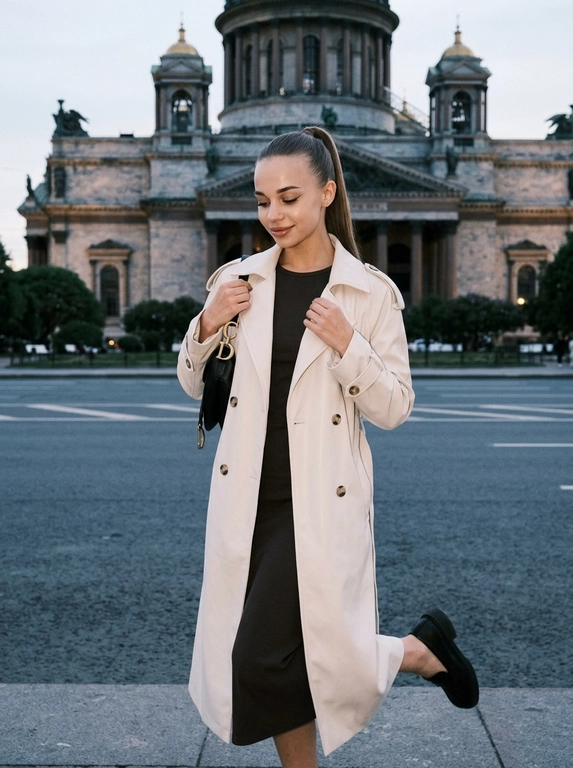 Дорогой lifestyle-момент, но снят случайно, как живой кадр из Pinterest без постановки. Фотореализм, RAW, 8K, пониженная экспозиция, мягкий естественный вечерний тусклый свет, спокойная нейтральная цветовая гамма, без глянцевой обработки. Снято на iPhone 16, с лёгкой естественной зернистостью, живо и атмосферно.

Женщина стоит почти фронтально к камере, корпус слегка развёрнут в сторону. Вес тела полностью перенесён на одну прямую опорную ногу. Вторая нога слегка приподнята над землёй и согнута в колене: колено мягко выведено вперёд к центру силуэта, а голень расслабленно уходит назад по диагонали. Стопа этой ноги не касается земли и не служит опорой. Бёдра слегка смещены в сторону, плечи расслаблены, руки свободно опущены вдоль тела. Поза выглядит лёгкой и естественной, будто женщина на секунду приподняла одну ногу во время прогулки.
Голова немного наклонена вниз и повернута в сторону. Женщина не смотрит в камеру, взгляд направлен вниз. На лице лёгкая спокойная сомкнутая улыбка.

Макияж: кожа сияющая, лёгкий контуринг, острые стрелки, губы нюдово-розового оттенка с блеском. В ушах маленькие серьги-гвоздики.

Женщина показана примерно до уровня ниже колен, чтобы хорошо читалось положение согнутой ноги, и расположена по центру кадра. Сбоку на плече висит маленькая чёрная сумка Dior.

Фон — Санкт-Петербург, на заднем плане вблизи хорошо виден Исаакиевский собор. Камера расположена немного ниже уровня глаз и слегка направлена вверх, подчёркивая архитектуру и силуэт женщины без сильного искажения пропорций. Лёгкое естественное размытие фона, реалистичная текстура кожи и одежды, без эффекта пластика, без сильной ретуши и без ИИ-сглаживания.


Одежда: На женщине длинный молочный тренч свободного кроя, распахнутый спереди. Под ним — тёмное облегающее платье миди с чистым лаконичным силуэтом. Образ элегантный, дорогой и сдержанный, с мягким контрастом светлого верхнего слоя и глубокого тёмного основания.

Прическа: Высокий длинный хвост, собранный строго на макушке. Волосы у корней идеально гладко зачёсаны назад и плотно собраны, без выбивающихся прядей. Сам хвост прямой, плотный и ухоженный, свободно ниспадает за спиной.