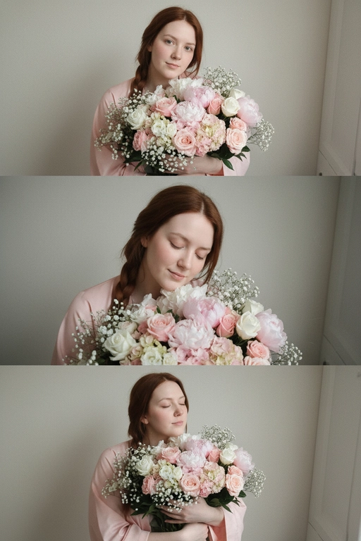 Не меняй черты лица, оставь их точь в точь как на загруженном фото, в том числе макияж и волосы.
Композиция из триптиха изображает женщину дома с цветами
На ней свободная пижама кимоно в пол нежно розового цвета.

На верхнем кадре портрет крупным планом, женщина смотрит в камеру лицо боком в руках у неё огромный букет. На заднем плане светлая стена размыты.

На центральном кадре сверхкрупный план, та же девушка, ее голова слегка наклоненная вперед, она принюхивается к букету, ее глаза закрыты, на лице легкая улыбка.  Кадр снятый с очень близкого расстояния, видно только часть огромного букета и лица  

На нижнем кадре портрет крупным планом изображена всё та же женщина, голова запрокинута вверх глаза закрыты, прижимает все тот же огромный букет к груди

Цветовая палитра приглушена, с нежными розовым, белым
Общий стиль наводит на романтику. Присутствует видимая зернистость.  Букет цветов - разные цветы