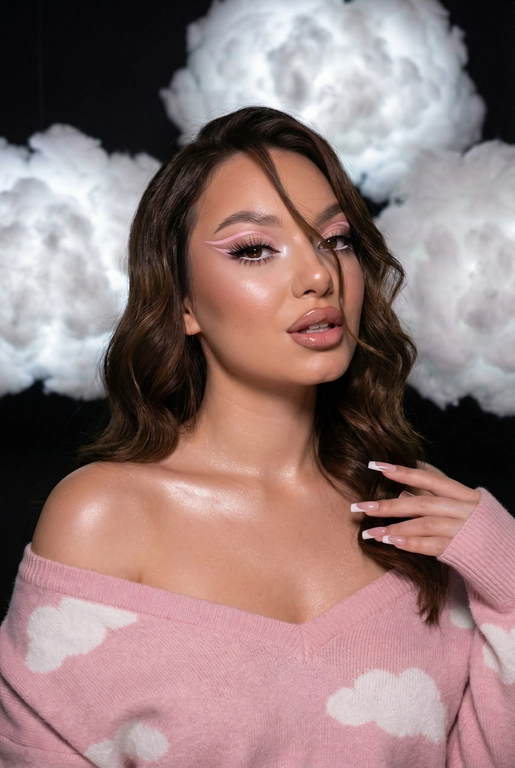 Крупный план лица девушки в стиле «высокой моды». Элегантный макияж глаза с длинными острыми нежно розовые двойные изогнутые стрелки, длинные густые ресницы эффект лучики, нижние густо ресницы накрашены белым и белый каял карандаш на нижнем веке белый Хайлайтер во внутренних уголках и скулах. Губы слегка приоткрыты в легкой ухмылке в легком блеске. Голова наклонена в сторону. На ней пушистый дорогой кашемировый нежно розовый свитер с белыми облаками плечи открыты.
За ней свисают объемные пушистые облака из ваты подсвеченные белым изнутри. Тело и декольте подсвечены хайлайтером и шиммером. Высокая детализация текстур кожи, одежды и волос. Черты лица-полностью сохранены как на референсном фото.
Ногти френч квадрат длинные.
На фоне светлая большая бьюти студия, вокруг темно, ее лицо освещено яркой лампой.  Волосы осреднение длины цвета шоколад блестящие прическа пляжные локоны. Локон волос падает на лицо 