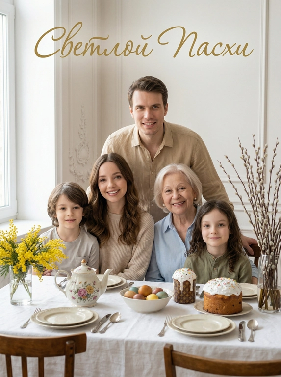 Создай фотореалистичную пасхальную открытку в светлой домашней эстетике. Используй количество персонажей в соответствии с референсами: если на фото один человек, то на открытке должен быть один. Если несколько - то несколько персонажей. Персонаж или персонажи собрались за праздничным столом и смотрят прямо в камеру. Сохрани черты лица, внешность и узнаваемость, не изменяй их.

На фоне светлая интерьерная стена с лепниной. Перед  персонажем или персонажами стоит праздничный стол с белой скатертью. На сервированном столе расположены приборы и тарелки, куличи, фарфоровый чайник, пасхальные яйца, желтые мимозы и ваза с высокими веточками вербы. На персонаже / персонажах светлая одежда в натуральной гамме.
Сцена должна выглядеть естественно и по-семейному тепло: живые лица, мягкие эмоции, натуральная кожа, легкая повседневная нарядность, без излишней постановочности. Освещение мягкое, естественное, дневное. Композиция, Сбалансированная, чистая, вертикальная, как у праздничной открытки. В верхней части изображения элегантным курсивом добавлена надпись на русском языке: «Светлой Пасхи».