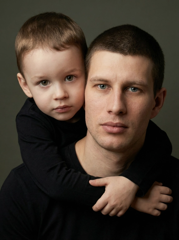Создай портретный студийный кадр из фотосессии отца и сына. Сын обнимает отца сзади, лежа подбородком на его плече, руки мягко сомкнуты на груди мужчины. Оба смотрят прямо в камеру. Естественные спокойные эмоции, лёгкая серьёзность во взгляде.
Одежда — однотонные чёрные лонгсливы или свитера без принтов. Тёмный нейтральный фон (глубокий серо-оливковый или графитовый). Мягкий направленный студийный свет с лёгкой теневой глубиной, акцент на лицах, тёплая естественная цветокоррекция, высокая детализация кожи, натуральная текстура без излишней ретуши.
Кадр — крупный или средний план, плотная композиция, лица расположены близко друг к другу. Атмосфера — тёплая, камерная, эмоциональная, ощущение близости и доверия. Профессиональная съёмка, 85mm lens, shallow depth of field, cinematic portrait, ultra realistic.

