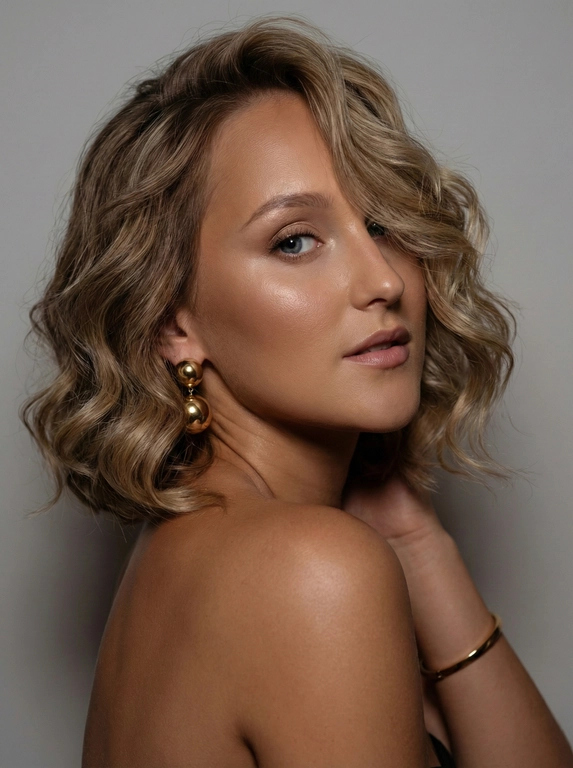   Создайте портрет, не меняя черты лица, ультрареалистичный портрет крупным планом 3/4 с мягкой и освещенной загорелой кожей, атласной отделкой и естественным блеском, где женщина в профиле. Волосы выше плеч карэ, которые покрывают хорошую часть лица с локонами, выпадающими на лицо и плечо.Цвет волос не меняй. Спокойное и чувственное выражение лица, она смотрит через плечо в камеру, а губы слегка полуоткрыты. Она носит золотые серьги-шары и простой золотой браслет на запястье. Фон нейтральный в светло-сером тоне, с темным и целенаправленным низким угловым освещением, которое улучшает контур лица, контур кожи и объем волос. Стиль редактирования красоты высокой моды, четкий фокус 8K, реалистичная текстура кожи, плавная глубина резкости и изысканная и элегантная атмосфера