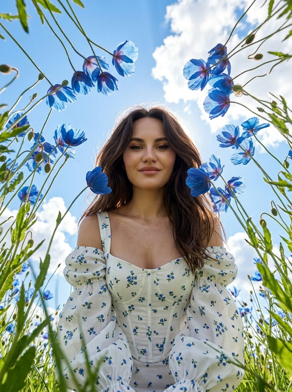 Создай портрет, не меняя черты лица. Экстремальный нижний ракурс (взгляд «из травы»), направленный вертикально вверх на женщину. Цветы тянутся к центру, свет проходит сквозь лепестки (эффект подповерхностного рассеивания). Женщина в белом корсетном топе с длинными рукавами-фонариками и открытыми плечами. Весь корсетный топ — в мелких голубых цветочках. На лице нежная улыбка. Акцент на деталях и коже: кожа детализированная. ISO 100 для отсутствия шумов, выдержка 1/2000 сек. Стиль National Geographic, мода. Гиперреализм, разрешение 8K.


Какие будут цветы?: Она окружена луговыми полевыми голубыми цветами — видны зелёные стебли. голубого цвета, слегка напоминают маки.