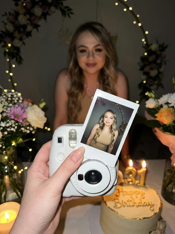 Edit the uploaded reference image into a photorealistic, luxury
birthday party scene.
Preserve the person’s identity exactly. Keep their real facial
structure, skin tone, age presentation, hair type, body type, natural
proportions, expression style, and distinctive features. The final
image should still clearly look like the same person from the
reference photo.
Create the image in the style of a dark, intimate iPhone UGC birthday
snapshot taken in a dim room with direct front flash. Use a dynamic
handheld camera angle, slightly tilted or off-center, as if the photo
was taken spontaneously at the party. The perspective should feel
natural, candid, and immersive, with the white instant camera with
polaroid angled and in focus of the generated image. Avoid a stiff,
perfectly centered studio composition.
The mood should feel candid, and special, like a real birthday
moment captured casually at night. Use flash-lit foreground details,
darker background shadows, warm candle glow, subtle phone-
camera grain, slight handheld imperfection, and shallow depth of
field.
The main focus must be a freshly printed instant polaroid photo
coming out of a clean white instant camera in the foreground. The
white camera should be large in the lower foreground, held close to
the lens. The polaroid should be sharp, visually dominant, and
positioned with a natural slight angle for a more dynamic
composition. The composition should feel similar to a casual iPhone
photo where the polaroid and camera are the main subject, while the
actual person behind it is only subtly visible, and not the main focus,
face not visible.
A natural, well-groomed hand matching the person’s skin tone and
overall styling holds the white instant camera. The hand should look
realistic and relaxed, with simple polished nails only if suitable for
the person.
Inside the polaroid, show the same person from the reference image
posing elegantly at their birthday celebration. They should look
confident, refined, and warmly expressive. Transform their outfit into
a polished birthday look that suits their appearance and gender
presentation. For a woman, create an elegant dress or refined
celebratory outfit. For a man, create a fashionable formal or semi-
formal outfit suitable for a luxury birthday setting. The outfit color should
harmonize with or be inspired by the outfit color in the original
reference photo.
Behind the polaroid, show only a subtle blurred glimpse of the same
person in the background, wearing the same transformed outfit. The
background person should be softly out of focus, partly hidden by
the polaroid camera.
Include tasteful birthday décor around the scene. Use elegant
flowers that harmonize with the subject’s outfit and the overall color
palette of the reference photo. The flowers may be roses, orchids,
hydrangeas, baby’s breath, peonies, lilies, greenery, or other refined
florals. Choose colors that match the person’s transformed outfit
and create a cohesive luxury birthday atmosphere.
Place a birthday cake to the side or slightly in the background. The
cake should be visible but secondary to the polaroid. The cake color,
icing, floral decorations, and candle color should harmonize with the
person’s outfit and the overall palette. Add one lit candle. The cake
must clearly say exactly: “Happy Birthday” in neat, readable icing.
Use realistic direct flash highlights, intimate dark-room lighting, warm
candlelight, soft party lights, shallow depth of field, realistic skin
texture, natural facial proportions, elegant styling, and a cohesive
color palette based on the reference image.
**Strict constraints:** no identity change, no altered facial structure,
no mismatched person between the polaroid and background, no
extra people, no rings, no bracelets, no hand jewelry, no distorted
hands, no extra fingers, no duplicated faces, no warped camera, no
unreadable cake writing, no misspelled cake text, no extra text, no
overly bright studio lighting, no flat commercial lighting, no plastic
skin, no stiff straight-on composition

Доп. характеристики: Пусть на торте будут свечи с цифрой 31