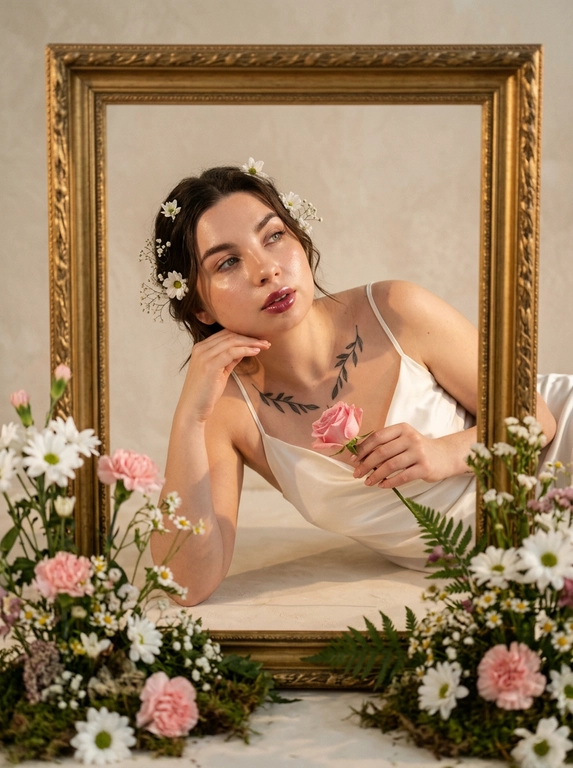 Эта женщина изящно сидит на светлой поверхности, опора на одну руку. Не меняй ее черты лица. Макияж естественный, глянцевые губы ягодного цвета, очень легкий румянец, сияющая влажная кожа. На ней белое шелковое платье на тонких бретелях. В волосах маленькие белые цветы. Она держит нежный розовый цветок в руке, взгляд направлен вверх и в сторону, губы немного приоткрыты, мечтательное выражение лица.
Перед ней расположена большая декоративная золотая рама, через которую видно её лицо и верх тела, создавая эффект «картины внутри кадра». Вокруг на переднем плане — композиция из живых цветов: белые ромашки, розовые гвоздики, мелкие полевые цветы, зелёный мох.
Фон — бежевая студийная стена, минималистичный, без деталей. Освещение тёплое, направленное сбоку, создаёт лёгкие тени и золотистый оттенок кожи. Кинематографичная мягкая резкость, shallow depth of field, лёгкое зерно, естественная текстура кожи. Теплая цветокоррекция, golden hour. Композиция художественная, романтичная, слегка винтажная эстетика, low contrast, мягкий фокус. Ethereal эстетика.