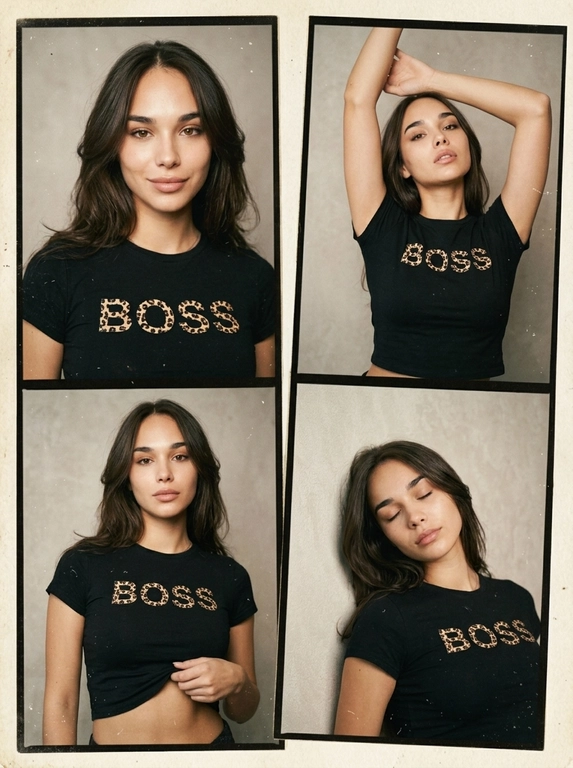 Винтажный коллаж девушки в черном кроп-топе BOSS
