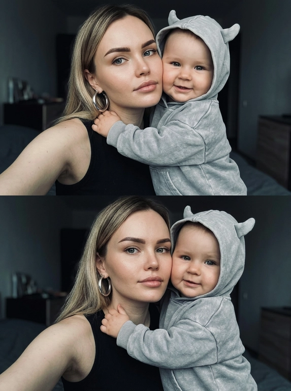 Дорогой lifestyle момент, но снят случайно, как сторис без каких либо табличек. Фотореализм, фото снято на iPhone 17 Pro Max, нет идеальной симметрии нет постановочного ощущения. Кожа выглядит сияющей. видно текстуру кожи, поры, RAW photo. Не меняя внешности людей с фото, модель делает селфи, сцена запечатлена в интимной домашней атмосфере с мягким рассеянным светом, создающим глубокие, но мягкие тени, которые подчеркивают объем и придают объятиям тепло и уют. В кадре ребенок  в светло-сером вареном оверсайз худи с очень объемным капюшоном, который имеет две выступающие детали, напоминающие  рожки; он обнимает модель за плечи, его руки мягко, но крепко охватывают её. Ребенок повернут лицом к камере, в выражении улыбки.

Если модель - женщина, то она одета в черную майку без рукавов, в ушах — большие круглые серьги, которые деликатно сверкают в приглушенном свете. Если модель - мужчина, то он одет в черную футболку. 

Модель повернута слегка в сторону, сохраняя спокойное и уверенное выражение лица четко очерченные брови. Обе фигуры занимают центральное пространство кадра, что усиливает эмоциональную связь между ними, проявленную в нежном объятии и теплых взглядах. Фон интерьера скромный и темный, с ненавязчивыми элементами мебели, частично затененный, что не отвлекает от главных героев, но добавляет глубины и создаёт ощущение домашнего уюта. Тон цветокоррекции выдержан в прохладных серо-синих гаммах с легкими акцентами на теплые оттенки кожи, что придаёт изображению кинематографичную, искреннюю и мягкую атмосферу, полную внутреннего тепла и близости, фотореалистичное изображение, высокая текстурная детализация, высокое качество 
Фото коллаж
Вертикальный, разные позы на фотографии верхней и нижней, но на обоих фотографиях модель делает селфи, одежда должна быть одинаковой.
Негативный промт: телефон в кадре.