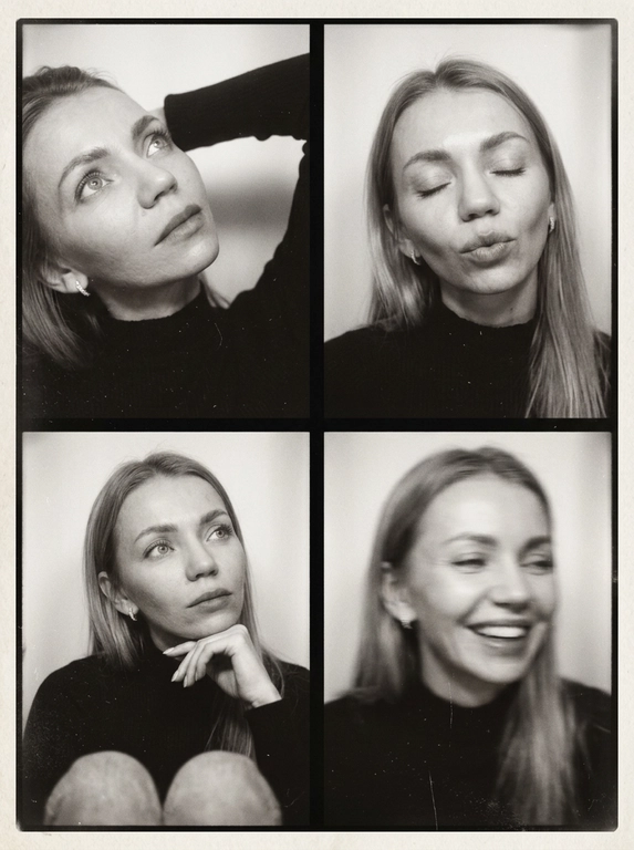 Photorealistic black-and-white vintage photobooth collage made of four frames in a 2x2 grid, separated by thin black dividers and surrounded by a slightly uneven paper border. Each frame shows the same woman in an intimate studio/photobooth setting against a plain light backdrop, captured with an authentic analog look: heavy film grain, soft contrast, halation, dusty scan artifacts, subtle scratches, and mild vignetting. Overall feel: 1990s/ early-2000s editorial photobooth print, raw and unretouched, candid "caught-between-moments" mood.
Use the uploaded photo as the basis and preserve the woman's face, makeup, likeness, and all original features without changing proportions or shape; keep natural facial micro-detail, pores, and subtle asymmetry, preserve the original head size.
Frame 1 (top-left): tight close-up, head tilted up and to the left, eyes looking upward, one arm raised behind the head, dreamy
Frame 2 (top-right): medium close-up, eyes closed, head slightly tilted, she subtly pushes/pouts her lips forward to show them (soft pout), calm playful mood; hair framing the face.
Frame 3 (bottom-left): medium close-up, seated with knees softly out of focus at the bottom, chin resting on one hand, gaze looking up to the right, thoughtful expression.
Frame 4 (bottom-right): medium close-up, the woman is laughing, but the frame is strongly blurred-heavy motion blur/defocus as if she moved during the shot; smile and face still recognizable, edges smeared, hair and hands noticeably streaked, imperfect photobooth misfire energy.
Print/scan look: monochrome with warm gray tones, slightly faded blacks, uneven exposure between frames, faint light leaks, paper texture visible, edges not perfectly straight, like a scanned photobooth print. High resolution, but intentionally imperfect, analog realism.