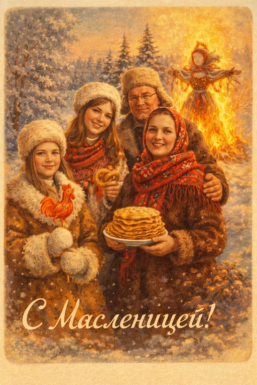  Создай винтажную открытку из предоставленных фотографий. Не меняй внешность, возраст, черты лица и индивидуальные особенности.
Стиль — советские сказочные открытки 1950–1970-х годов: мягкая живописная иллюстрация, тёплая палитра, ощущение уюта, лёгкая художественная детализация, деликатное зерно.
Композиция и формат:
Одежда: в традиционной славянской зимней одежде (шапки, полушубки, платки, варежки).
В руках могут быть традиционные угощения (сахарный петушок на палочке, крендель, стопка блинов на тарелке).
На заднем фоне — большая горящая Масленица (чучело на костре).
Зима, золотой час, мягкий тёплый свет.
Качество 8K.
Надпись: «С Масленицей!»
Шрифт — изящный, рукописный, сказочный, в стиле советских открыток.

