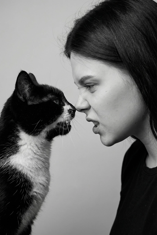 Сделай фото со мной и моим питомцем. Реалистичное фото, с высокой детализацией. Снимок меня и моего питомца в профиль. Фото сделано первым средним планом (Medium CloseUP), в кадре видно часть туловища (с головы до середины груди).
Я стою лицом к своему питомцу в строгий профиль, смотрю прямо на него.
Мой питомец расположен прямо напротив моего лица, также в профиль, смотрит прямо на меня. Наши носы почти соприкасаются. Наши головы могут быть наклонены: например, моя голова наклонена немного вниз, а голова питомца наоборот повыше. Четкая визуальная симметрия между моем лицом и головой моего питомца.
Студийное освещение, мягкий свет, создающий контрастность и скульптурные тени, на самом лице минимум тени. 
 Я и питомец игриво рычим.  Черно-белая фотография. Фон светлый, нейтральный. 