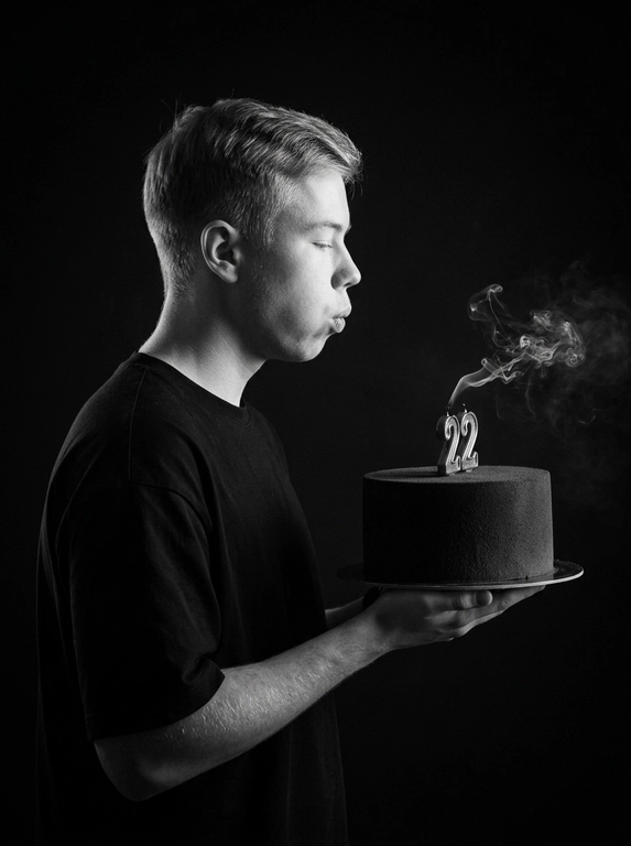 Фотореалистичный минималистичный студийный портрет на полностью чёрном фоне. Кадр по пояс, модель снята в профиль. В руках она держит поднос с цилиндрическим тёмным тортом с матовой, бархатистой фактурой, без лишнего декора. На торте установлена золотая свеча в виде числа. Сцена показывает момент сразу после того, как свеча была задута: губы модели слегка собраны, будто она только что задула свечу, но дыма изо рта быть не должно. От только что погасшей свечи поднимается тонкий дым, направленный вправо.

На модели чёрная оверсайз-футболка. Настроение тихое, сосредоточенное, интимное — как момент загадывания желания. Фон полностью чёрный, без дополнительных элементов и предметов. Освещение low-key: мягкий боковой свет выделяет только контур лица, нос, губы, ресницы, край подноса и край торта, а всё остальное уходит в глубокую тень. Дым также подсвечен этим боковым светом, поэтому хорошо читается на чёрном фоне. Края кадра естественно затемнены, с мягкой виньеткой.

Съёмка на 85mm, f/2.0, резкость на профиле лица и торте, дым чуть мягче. Обработка: лёгкое плёночное зерно, высокий контраст, глубокие чёрные, cinematic low-key portrait, photorealistic, minimalism, without text, without extra objects. Нельзя делать дым изо рта.

Какая будет цифра на торте?: 22

Ч/Б или цвет?: Фото полностью в чёрном-белом цвете