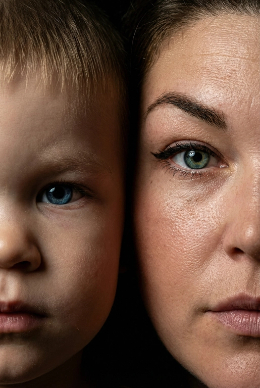   создай портрет, не меняя черты лица. Крупный план (extreme close-up) двух лиц людей, их лица прижатых друг к другу. Видны только половины каждого лица.
Драматичное освещение в стиле чиароскуро, глубокие тени.
Невероятная детализация кожи: видны поры, текстура, естественный блеск у женщины.
Выразительный взгляд прямо в камеру. Высокое разрешение, макросъемка, профессиональное студийное фото, 8K.