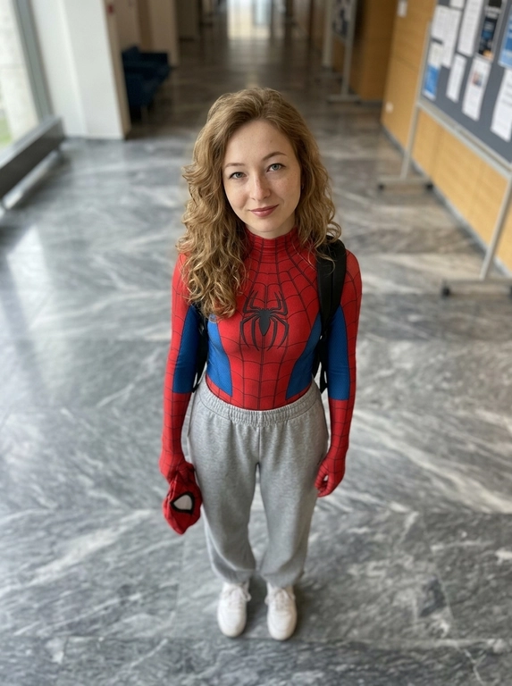 A realistic high-angle full-body photo of a person looking up, at the camera. Keep the same face and facial features from the reference image. Person is wearing a red and blue Spider-Man bodysuit on the upper half, loose grey sweatpants on the lower half, and white sneakers. Person carries a black backpack and holds a red spider-man mask in her left hand. Person is standing on a polished grey marble floor. The lighting is soft and natural, giving a casual cinematic «peter parker after school» vibe.

Доп. характеристики: Девушке 27 лет со своей причёской