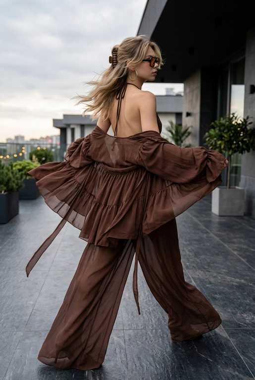 Ультрареалистичное luxury feminine fashion фото точно как на референсе: девушка снята со спины и немного сбоку в движении, она идет вперед по темной современной террасе. Одна нога делает широкий шаг вперед, другая остается сзади, бедра мягко раскачиваются при ходьбе. Корпус слегка повернут в сторону камеры, голова повернута боком.Волосы густые объемные воздушные уложены в коричневый крабик передние густые пряди обрамляют лицо стпунчатая стрижка , большие очки в черном лапок и оранжевыми стеклами крупные серебряные акцентные серьги, драматичное элегантное движение.

На девушке шифоновый комплект шоколадного цвета. Верх — открытый halter top с полностью открытой спиной и тонкими завязками на шее. Низ — очень длинные свободные прозрачные шифоновые брюки с широкими штанинами, ткань струится и волочится по полу. Сверху oversized прозрачная шифоновая robe/jacket в том же шоколадном оттенке. Накидка полностью спадает с плеч и эффектно развивается от движения и ветра, очень длинные объемные рукава, множество многослойных рюшей и воланов по краям, тонкие завязки свободно свисают вниз. Ткань легкая и воздушная, создающая flowing dramatic silhouette.

Эстетика мягкой роскоши, фон современной виллы с террасой, темный каменный пол, пасмурный вечерний свет, приглушенныесветлые  оттенки, реалистичное качество фото как на iPhone, легкое пленочное зерно, ультрареалистичное движение ткани, элегантная женственная энергия, Pinterest luxury fashion aesthetic, кинематографичная casual-композиция