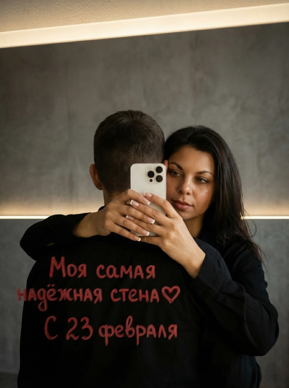 Ультрареалистичное кинематографичное зеркальное селфи пары. Строго сохранить лица из референса без изменений: возраст, пропорции, форму глаз, носа и губ, текстуру кожи, линию подбородка. Не изменять черты лица.

Локация: Серый лофт, low-key атмосфера.

Композиция: мужчина стоит спиной к камере, его лицо полностью не видно (back fully facing camera); за его спиной женщина обнимает его и снимает зеркальное селфи. Она держит белый смартфон Apple iPhone 16 Pro двумя руками. Фокус на руках и телефоне, френч квадратный маникюр. Физически корректное зеркальное отражение, без искажений..

Образ девушки: безупречный макияж, лёгкое сияние кожи.

Свет и стиль: подсветка от зеркала сверху-спереди, мягкие тени, тонкая горизонтальная световая линия на фоне. 50-85 мм, f/2-2.8, малая ГРИП; киноконтраст, плёночное зерно, high-end editorial, 8K.

Сцена полностью показана через отражение в зеркале, единственный источник изображения  — это отражение.

Ваша надпись красной помадой на зеркале: Моя самая надёжная стена❤️ С 23 февраля

Ваша одежда: Мужчина и женщина одеты в чёрной рубашке;