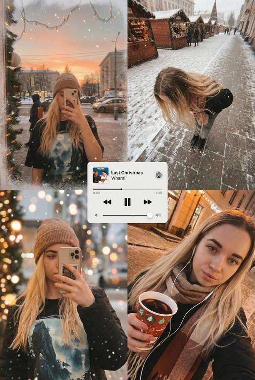   Многопанельный коллаж в стиле зимнего постера, передающий рождественскую атмосферу улицы, снятый как спонтанная фотография на iPhone. Сцена выглядит естественной, уютной и реалистичной: мягкий снегопад, тёплые отражения в окнах и едва заметная аналоговая зернистость создают праздничное, но сдержанное рождественское настроение. Все кадры объединены единым визуальным образом и ощущением зимнего уюта. 
 
В верхнем левом кадре — отражающая витрина магазина на закате. Слабые рождественские огни и матовые края стекла окружают человека, который держит телефон, частично закрывающий лицо. Тёплые блики света, гирлянды, уличные огни и проходящие силуэты создают мягкое размытие и многослойные отражения в стекле с естественным искажением кривизны. 
 
В верхнем правом кадре — крупный план, снятый сверху вниз, на заснеженном тротуаре или возле рождественского рынка. Человек небрежно наклоняется вперёд, создавая ощущение движения и спонтанности. Падающий снег формирует лёгкое размытие, а поверхность земли слегка искажается в зависимости от ракурса объектива, усиливая эффект съёмки с рук, без постановки. 
 
Нижний правый кадр — интимное селфи, сделанное сверху при тёплом уличном или кафешном освещении. В руках — праздничный напиток на вынос (кофе или глинтвейн), заметны проводные наушники. Детали хорошо проработаны, а мягкая зернистость усиливает ностальгическое рождественское настроение. 
 
В центре коллажа расположен минималистичный мини-плеер в стиле Apple Music, отображающий популярную рождественскую песню (например, «Last Christmas» или «All I Want for Christmas Is You»), выполненный в плоском, чистом дизайне без теней. 
 
Цветовая палитра тяготеет к тёплым янтарным, мягким красным, сосново-зелёным и приглушённым зимним серым тонам, создавая атмосферу праздничной близости, визуальной теплотой и эмоциональной узнаваемости — без ощущения постановки или футуризма.