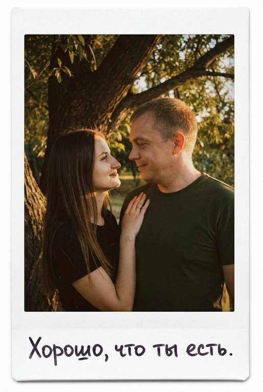Портрет пары в мягком золотом вечернем свете, они влюбленно смотрят друг на друга у дерева, спокойный, тёплый, естественный. Ее рука у мужчины на плече. Фото оформлено в виде полароидного снимка: белые широкие поля, характерная матовая текстура, лёгкая виньетка, зернистость. На нижнем поле — короткая надпись маркером рукописным шрифтом. Текст на полароиде: Хорошо, что ты есть.
