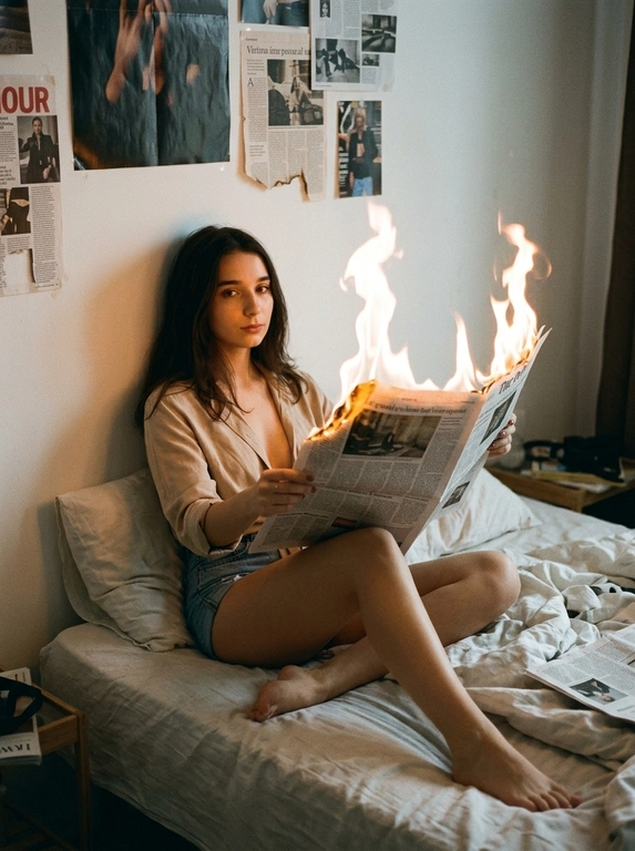 Фотореалистичный фронтальный bedroom-shot в тёплой приглушённой вечерней атмосфере. Женщина расслабленно сидит босиком на неубранной кровати, облокотившись на стену спиной, одна нога согнута, другая нога вытянута, естественная поза. На ней короткие джинсовые шорты и открытый верх без акцента на одежде. Она держит перед собой раскрытую газету, середина и правый край газеты охвачен высоким ярким пламенем. Девушка смотрит прямо в камеру с спокойным, слегка отстранённым выражением лица. Снято с фронтального верхнего ракурса. Небольшая спальня с белой стеной, на стене хаотично развешаны постеры и вырезки, мягкое зерно, эстетика пленочной фотографии 2000-х, low light, низкая экспозиция, warm tungsten lighting, cinematic shadows, moody, candid, домашняя атмосфера, натуральная кожа, мягкий фокус, сильное пленочное зерно, вертикальный кадр.