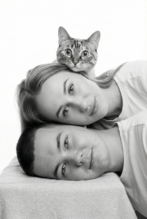 На основе предложенных фотографий, создай чёрно-белый профессиональный студийный портрет для этих людей, снятый сверху (top-down, overhead shot). Сохрани настоящие лица, возраст и индивидуальные черты людей.
Композиция «снизу вверх», шахматный порядок:
﻿﻿самый старший человек находится внизу, как мягкая подушка, его голова опирается на нейтральную студийную поверхность (например, плед или подушка);
следующие люди аккуратно и легко расположены на старшем человеке в шахматном порядке, их голова слегка приподнята, без ощущения давления; ﻿﻿

Несмотря на шахматное расположение, головы выстроены строго в одну вертикальную линию, взгляд в камеру.
Расположи их по убыванию возраста.

Видны только головы и плечи. Выражения мягкие, спокойные, нежные. Одежда однотонная, светлая или нейтральная, элегантная, без чёрного цвета.
Фон - чистый студийный, без пола и лишних деталей, создающий эффект «воздушного» портрета.
Стиль и освещение:
Студийная высококачественная чёрно-белая фотография (high-key).
Мягкий ровный свет сверху, минимум теней. Чистый фон; фотореализм, высокая детализация лиц, аккуратная текстура кожи; 8K.
