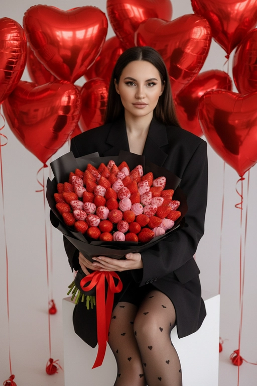Создай крупный портрет, не меняя черты лица. Эстетичный снимок в стиле высокой моды (Vogue). В центре композиции - девушка, сидящая на белом кубе, она держит огромный пышный букет в черной матовой крафтовой бумаге с красной лентой. Девушка одета в оверсайз черный жакет (блейзер) и тонкие черные капроновые колготки с мелким принтом в виде красных сердечек.  Безупречный макияж. На заднем плане — минималистичный светлый интерьер, заполненный множеством парящих красных фольгированных шаров в форме сердец на тонких лентах. Освещение мягкое, студийное, создающее легкие блики на глянцевой поверхности шаров и подчеркивающее текстуру цветов.

Стиль и качество: Кинематографичный кадр, гиперреализм, высокая детализация тканей и лепестков.
Глубокий контраст между насыщенным красным цветом и строгим черным цветом одежды. Камера на уровне глаз, объектив 35mm, f/2.8. Огромный букет из клубники, половина клубники покрыта розовым шоколадом с посыпкой из сублимированной клубники или малины 