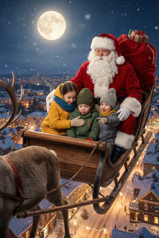 Сгенерируй изображение. Волшебная рождественская сцена в ночном небе. Дед Мороз в классическом красном костюме с белой меховой отделкой сидит в традиционных санях, запряжённых одним оленем (видна передняя часть оленя). За спиной у Деда Мороза большой красный мешок с подарками. Рядом с ним сидит ребёнок или несколько детей в тёплой зимней одежде: куртка, шарф, варежки, зимняя шапка. Количество детей зависит от приложенных фотографий. Не меняй внешность, возраст и гендер. Сани парят высоко над ночным городом. Внизу — огни праздничного города, украшенные улицы и дома. На фоне — большая полная луна, идёт лёгкий снег. Атмосфера сказочная, тёплая и семейная, ощущение новогоднего чуда, кинематографичный стиль, мягкое освещение, высокая детализация.