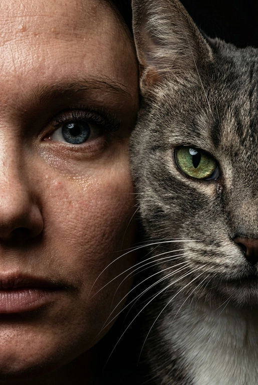   создай портрет, не меняя черты лица. Крупный план (extreme close-up) двух лиц людей, их лица прижатых друг к другу. Видны только половины каждого лица.
Драматичное освещение в стиле чиароскуро, глубокие тени.
Невероятная детализация кожи: видны поры, текстура, естественный блеск у женщины.
Выразительный взгляд прямо в камеру. Высокое разрешение, макросъемка, профессиональное студийное фото, 8K.