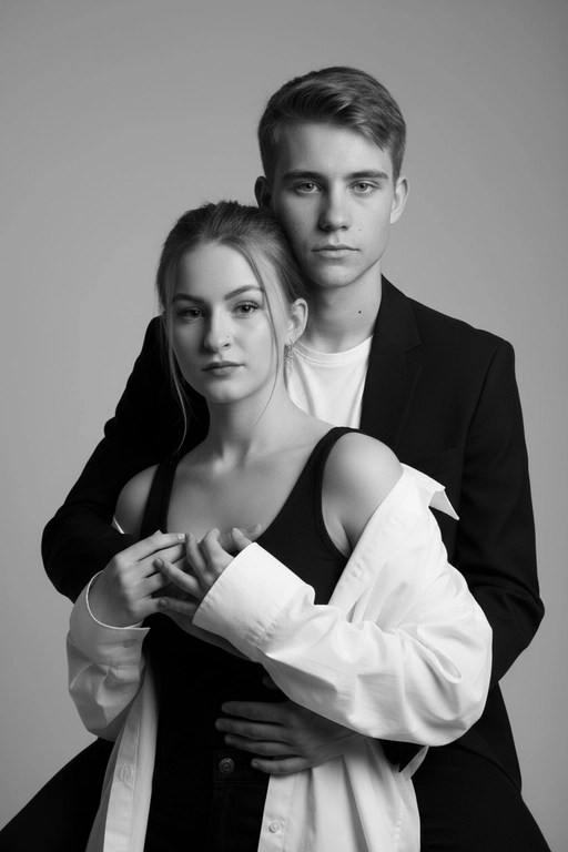 Черно-белый портрет мужчины и женщины в стиле фэшн фотосессии в фотостудии. Не изменяйте лица. Фон нейтральный, однотонный, светло-серый. Атмосфера интимная и спокойная. На переднем плане женщина. Вся композиция выполнена в приглушенной монохромной гамме со студийным освещением, которое подчеркивает текстуру кожи и одежды. Её руки лежат на груди мужчины. Мужчина обнимает женщину сзади, положив свою руку поверх её руки. Она одета в черный топ, белую оверсайз рубашку. Мужчина одет в  классическом черном пиджаке и белой футболке.
