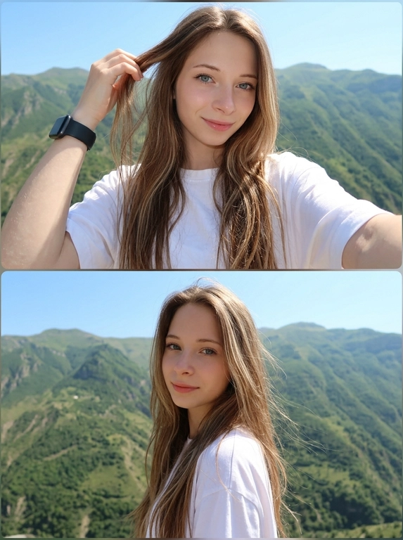 Создать ultra realistic cinematic collage из двух вертикальных кадров. STRICT identity preservation.
Первый верхний кадр коллажа: Модель делает селфи на фоне огромных зеленых гор Дагестана под ясным ярким дневным небом. На фоне высокие насыщенно-зеленые горы, уходящие вдаль и создающие кинематографичную глубину. Камера близко к лицу, слегка широкий угол, как случайное vacation selfie.

Второй нижний кадр коллажа: Та же модель на фоне тех же гор Дагестана, но в немного другой позе и ракурсе. Атмосфера остается естественной, живой и спонтанной, как серия кадров из поездки. Некоторые пряди мягко развеваются от теплого летнего ветра.

Модель в полуповороте, слегка наклонив голову, мягко улыбается и смотрит в камеру. Одной рукой касается волос у корней, удерживая прядь. Рука слегка размыта в движении, создавая candid snapshot feeling.

На запястье чёрные Apple Watch.

Одежда: белая футболка свободного кроя. На ткани видны солнечные блики, естественные тени и легкие складки. Образ выглядит естественным, свежим и расслабленным.

Освещение: сочетание яркого дневного солнца и прямой вспышки Canon G7X.  Кадр выглядит как luxury travel snapshot, случайно снятый во время отдыха.

Атмосфера: warm summer wind, luxury vacation aesthetic, spontaneous candid moment. Мягкая улыбка с закрытыми губами, зубы не видны.