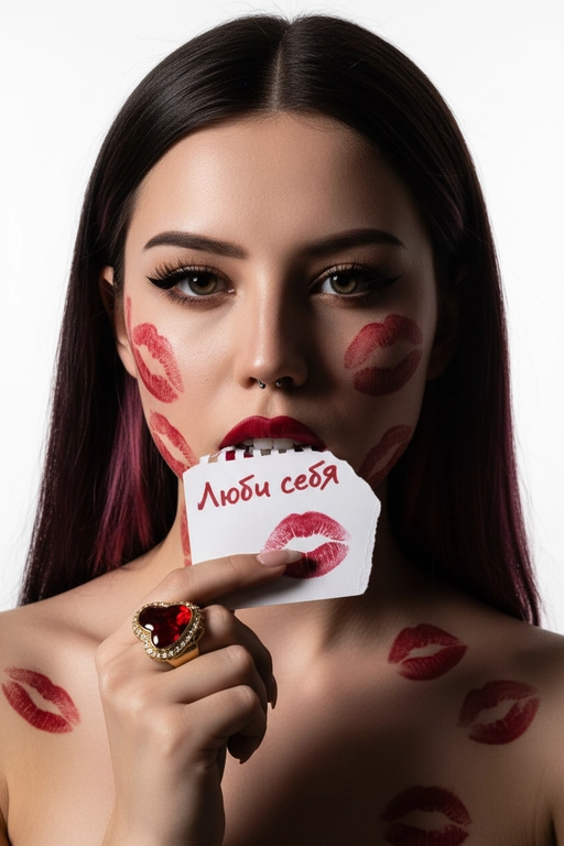   Фотореалистичный портрет крупным планом, кинематографический
вспышка Y2K. Чистый белый фон, драматическое профессиональное верхнее освещение с глубиной и скульптурными тенями. Голова прямо, камера крупным планом на уровне глаз, острый взгляд, томный, томный взгляд. Графичный «лисьий глаз» только во внешних уголках глаз, подчеркнутые ресницы, насыщенная красная помада с более темным контуром.
Она кусает зубами грубо разорванный клочок бумаги, держа его за уголок; на бумаге красной помадой написаны слова
«» и виден отпечаток поцелуя.
Хаотичные следы поцелуев от красной помады на лице, шее, плечах. Золотое кольцо с большим красным сердцем и бриллиантом. Не изменяй черты лица.  На листе бумаги написано "Люби себя"