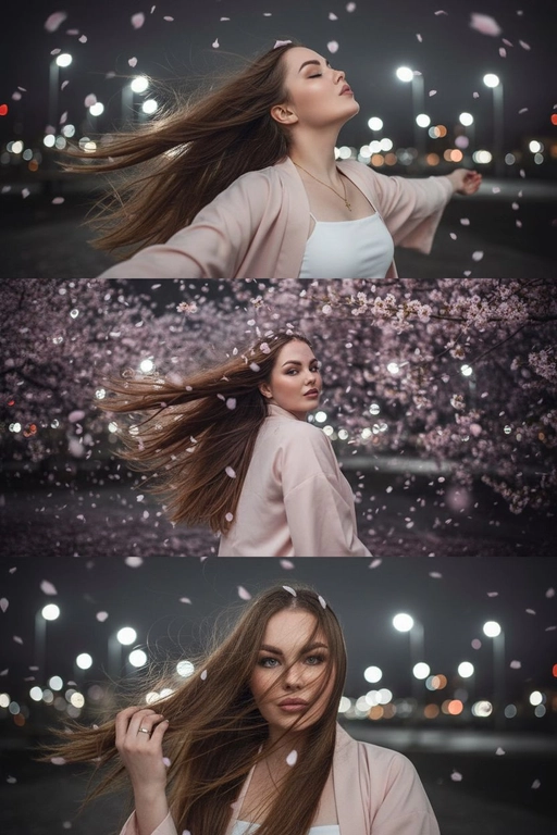 Не меняй черты лица, оставь их точь в точь как на загруженном фото. Фото в стиле триптиха, на котором изображена женщина в ночном городе.

На верхней панели изображена женщина по грудь, в профиль, расположенная в правой части кадра. Она запрокинула голову назад и закрыв глаза будто смотрит в небо разведя руки в стороны. Ее волосы развеваются на ветру закрывая лицо. На заднем плане ночной город полный ярких фонарей, где спокойно и нет людей, в небе развиваются от ветра листья сакуры . 

На средней панели изображена всё та же женщина со спины, смотрящая в кадр. На фоне все усыпано лепестками сакуры и они почти полностью перекрывают ночной город. Её волосы сильно развеваются на ветру в них запутались лепестки сакуры . 

На заднем плане нижней панели, крупным планом, изображено лицо всё той же женщины, частично скрытое развевающимися на ветру волосами в них немного лепестков сакуры, которая смотрит прямо на зрителя. Правой рукой она придерживает волосы, демонстрируя белое обручальное кольцо. 

Ночной Город и небо создают нейтральный, угрюмый фон для фотографии в натуралистическом стиле и при мягком освещении. Использовать лицо с фото на 100% , не изменяя черты лица. На девушке - белый топ и нежно-розовое хаори в японском стиле.