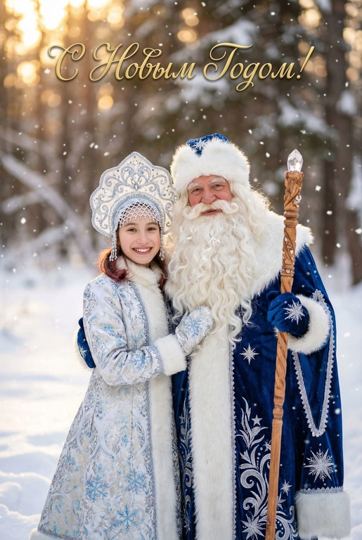 Фотореалистичный, 8K, высокодетализированный, портрет пары в полный рост, одетой как реалистичные Дед Мороз и Снегурочка, кинематографическое освещение, детализированные текстуры, резкий фокус, профессиональная фотосъемка. Сцена: Зачарованный зимний лес в золотой час, глубокий нетронутый снег, крупные мягкие снежинки, теплые боке-светильники на заднем плане, волшебная и интимная атмосфера. Дед Мороз: человек с добрым, радостным лицом и искренней улыбкой. Длинная, густая, реалистичная белая борода и брови. Шапка с мехом. Роскошное платье из темно-синего бархата с замысловатой серебряной вышивкой (морозные узоры, звезды). Отделано настоящим белым мехом (лиса/горностай). Держит в руках богато украшенный деревянный посох с хрустальным/серебряным наконечником. В высоких кожаных сапогах. Снегурочка: девочка с лучезарным, нежным выражением лица в традиционном русском кокошнике, украшенном серебряной филигранью и кристаллами. Длинное, элегантное парчовое пальто-платье зимних пастельных тонов (белый, серебряный, бледно-голубой) с вышивкой в ​​виде снежинок, отделанное пушистым мехом. Изящные украшения. Взаимодействие: Естественные, теплые позы. Они смотрят в камеру. Стиль: Съемка на объектив 85 мм, малая глубина резкости, видны детали кожи, четкая текстура ткани, праздничное настроение. Сверху над головами надпись красивым шрифтом с завитками. Текст надписи: С Новым Годом!