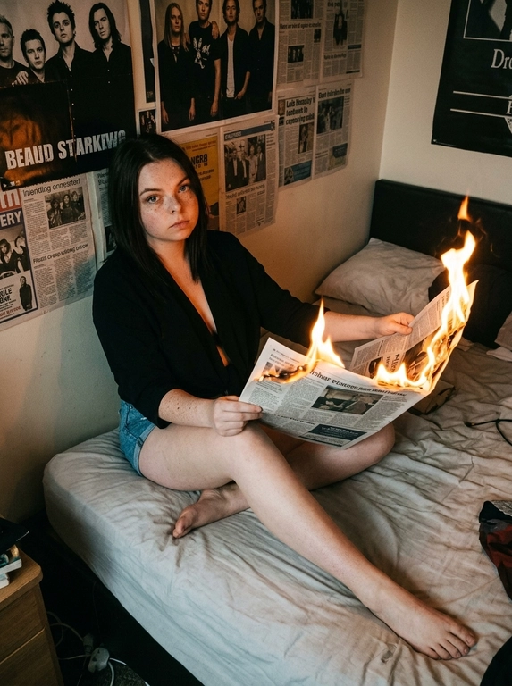 Фотореалистичный фронтальный bedroom-shot в тёплой приглушённой вечерней атмосфере. Женщина расслабленно сидит босиком на неубранной кровати, облокотившись на стену спиной, одна нога согнута, другая нога вытянута, естественная поза. На ней короткие джинсовые шорты и открытый верх без акцента на одежде. Она держит перед собой раскрытую газету, середина и правый край газеты охвачен высоким ярким пламенем. Девушка смотрит прямо в камеру с спокойным, слегка отстранённым выражением лица. Снято с фронтального верхнего ракурса. Небольшая спальня с белой стеной, на стене хаотично развешаны постеры и вырезки, мягкое зерно, эстетика пленочной фотографии 2000-х, low light, низкая экспозиция, warm tungsten lighting, cinematic shadows, moody, candid, домашняя атмосфера, натуральная кожа, мягкий фокус, сильное пленочное зерно, вертикальный кадр.