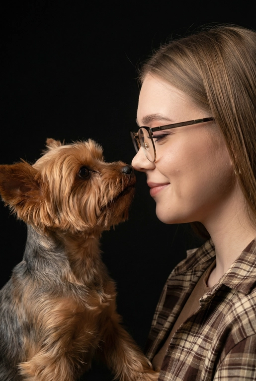 Сделай фото со мной и моим питомцем. Реалистичное фото, с высокой детализацией. Снимок меня и моего питомца в профиль. Фото сделано первым средним планом (Medium CloseUP), в кадре видно часть туловища (с головы до середины груди).
Я стою лицом к своему питомцу в строгий профиль, смотрю прямо на него.
Мой питомец расположен прямо напротив моего лица, также в профиль, смотрит прямо на меня. Наши носы почти соприкасаются. Наши головы могут быть наклонены: например, моя голова наклонена немного вниз, а голова питомца наоборот повыше. Четкая визуальная симметрия между моем лицом и головой моего питомца.
Студийное освещение, мягкий свет, создающий контрастность и скульптурные тени, на самом лице минимум тени. 
 У меня легкая улыбка, питомец смотрит с дружелюбным настроем. Фон черный. 