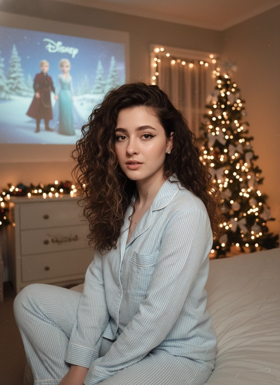 Атмосферный портрет человека, сидящий на кровати в уютной комнате. Не меняй черты лица ни на 1%. Человек смотрит в камеру. На человеке хлопковая голубая пижама в белую полоску. 
Теплое освещение от мерцающих гирлянд и рождественской ёлки. На заднем плане - проекция с фильмом или мультфильмом создающая нотку ностальгии.
Кинематографичный кадр, малая глубина резкости, волшебная и уютная атмосфера. Фото в стиле 90-х, ретро -фильтр. Зернистость Мультфильм - Disney "Холодное сердце".