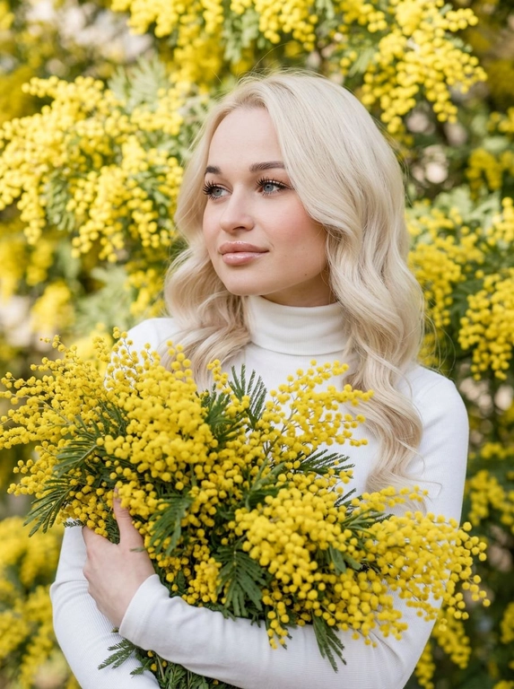 Сохранить внешность на 100%. вертикальный формат 9:16, крупный план от верхней части бёдер/талии до макушки. модель занимает почти весь кадр. Фон - цветущее дерево мимозы. Макияж - накладные ресницы (эффект лучики), легкий контуринг, на губах нюдовая помада с блеском, легкий румянец. Поза: Тело развернуто в лёгкие три четверти, Голова слегка повернута в сторону (влево), взгляд направлен в сторону, не в камеру. Выражение спокойное, уверенное, чувственное, с легкой полуулыбкой. Она держит в руках огромный букет мимозы, пышный, свежий, прижимает к груди. Одежда: белая водолазка подчеркивающая фигуру. Видно только по пояс.

Какая будет прическа?: Объемные волны в стиле old money, волосы ровно спадают по обеим сторонам плечей.