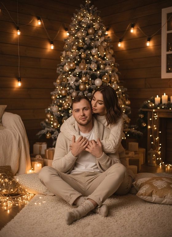 Лица оставить строго без изменений.
Тёплая рождественская сцена в уютной тёмной комнате, наполненной мягкими огоньками и праздничным декором. На переднем плане сидит пара на пушистом ковре. Парень сидит на ковре, ноги вытянуты вперёд, руки расслабленно лежат на коленях. Девушка сидит позади него, обнимая его за плечи и наклоняясь ближе — её руки мягко лежат на его груди и руке. Девушка слегка прижимается к нему.
Образ пары:
Парень — в светлой домашней одежде: белая футболка, светлые брюки, мягкие носки; поверх футболки небрежно накинут вязаный светлый кардиган.
Девушка — в уютном светлом вязаном свитере, с мягкими волнистыми волосами, опущенными на плечи.
Атмосфера: рождественское тепло, домашний уют, романтика. Сзади — большая наряженная ёлка с золотыми и белыми огоньками, гирлянды на стенах, мягкий тёплый свет ламп и свечей. Комната выглядит деревянной, чуть затемнённой, с мягкими тенями, что создаёт ощущение интимности и спокойствия. На полу лежат мягкие пледы, подушки и гирлянды в тёплых оттенках.
Обработка: мягкая, тёплая, кинематографичная. Золотистые огоньки создают эффект боке. Цвета — тёплые, шоколадно-бежевые, кремовые, золотые. Контраст умеренный, свет мягкий, слегка рассеянный. Общий тон фотографии — праздничный, уютный, романтичный.
Стиль кадра: cozy Christmas lifestyle, романтическая атмосфера, интимная новогодняя фотосессия с акцентом на тепло пары и мягкое свечение огней.