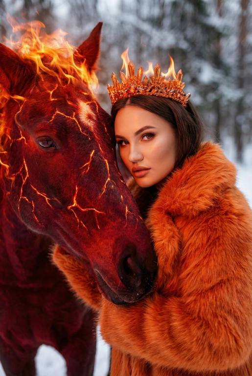   Высокофэшн Vogue editorial fantasy портрет крупным планом, воссоздающий сцену максимально точно. Интимный, плотный кадр от плеч и выше. Женщина слегка повернута в три четверти к камере, с спокойным, эфирным выражением лица и прямым, притягательным взглядом. Она нежно прижимается к шее величественного огненного коня, их лица расположены очень близко друг к другу в пределах кадра. На ней роскошная оранжевая меховая шуба с богатой, густой текстурой и выраженным объёмом, заполняющим передний план кадра. Мех выглядит мягким, дорогим, глубоко проработанным. На голове - эффектная оранжевая корона, инкрустированная сверкающими кристаллами с зеркальными гранями, которые ловят и преломляют огненный свет. Редакционный макияж подчёркивает сияющую фарфоровую кожу, лёгкий румянец и естественные губы. Конь изображён как живое воплощение огня: глубокие багряно-красные оттенки, светящиеся раскалённые трещины на коже, грива из струящихся языков пламени, частично видимая рядом с её лицом. Интенсивный тёплый оранжево-красный огненный свет освещает корону, мех и черты лица, создавая резкий контраст с холодными, приглушёнными оттенками заснеженного зимнего леса на мягко размытом заднем плане. Кинематографичный свет сочетает огненные блики и холодные рассеянные тени. Ультрамалая глубина резкости изолирует лица, усиливая ощущение близости. Мифическая сказочная элегантность, союз моды и фэнтези. Ультрадетализированная реалистичная фотография, качество обложки модного журнала. Съёмка на высококлассную среднеформатную камеру, объектив 85 мм, диафрагма f/1.8. Кинематографичная цветокоррекция. Без текста, без логотипов, без водяных знаков.