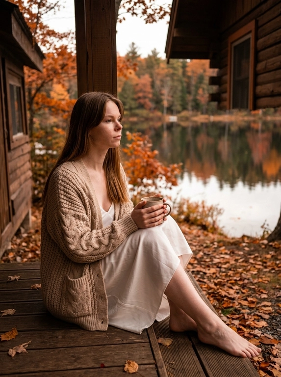 A cozy cinematic photo of a woman sitting on the wooden porch of a rustic lakeside cabin in autumn. She is wearing a cozy oversized knitted cardigan over a light slip dress, holding a warm ceramic mug with both hands. Barefoot, sitting with legs curled up slightly, looking away thoughtfully towards the scenic view of a lake and autumn forest with fallen leaves scattered on the wet wooden floorboards. Soft warm interior lighting blending with overcast daylight, rich warm brown and orange color tones, moody, peaceful, highly detailed, photorealistic.