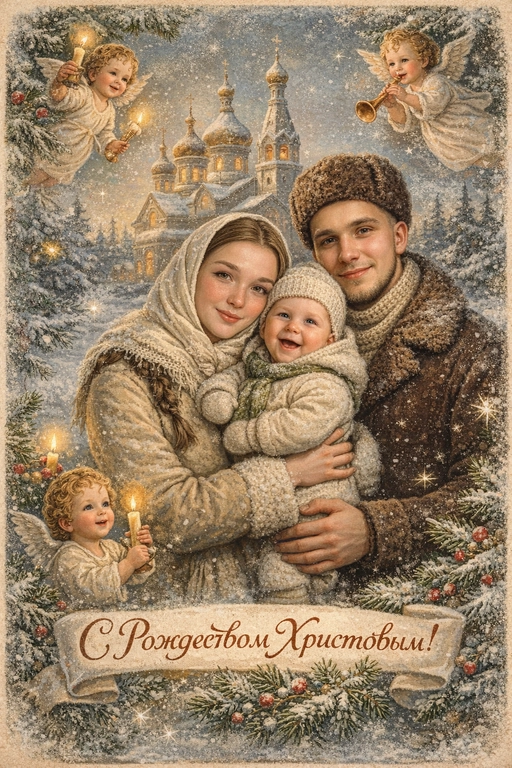 Создай винтажную рождественскую открытку со всеми людьми или одним человеком из предоставленных фотографий. Стиль - советские сказочные открытки 1950-1970-х годов, мягкая живописная иллюстрация, ощущение тепла и уюта. Композиция и формат: • Персонажи остаются в центре композиции • Фон - православная церковь, зимняя сказочная атмосфера Лица: • Лица сохранить максимально похожими на оригинальную фотографию (one-to-one likeness) • Без изменения черт лица, возраста и эмоций • Реалистичное сходство, аккуратная художественная стилизация без искажений. Одежда и образы: • Заменить современную одежду на старинную зимнюю советскую одежду. Если человек- женского пола , то добавь белый платок на голову. ⁠ Декор и детали:  • Хвойные ветки • ангелочки в сказочном стиле, церковные свечки • Лёгкий снег, морозные узоры Цвет и атмосфера: • Светлая, зимняя, мягкая цветовая палитра • Пастельные оттенки, эффект старой бумаги, легкое зерно • Сказочное, теплое новогоднее настроение  • Шрифт - изящный, рукописный, сказочный, в стиле советских открыток. Надпись: «С Рождеством Христовым»