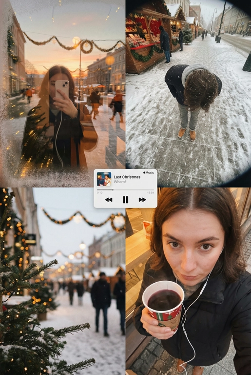   Многопанельный коллаж в стиле зимнего постера, передающий рождественскую атмосферу улицы, снятый как спонтанная фотография на iPhone. Сцена выглядит естественной, уютной и реалистичной: мягкий снегопад, тёплые отражения в окнах и едва заметная аналоговая зернистость создают праздничное, но сдержанное рождественское настроение. Все кадры объединены единым визуальным образом и ощущением зимнего уюта. 
 
В верхнем левом кадре — отражающая витрина магазина на закате. Слабые рождественские огни и матовые края стекла окружают человека, который держит телефон, частично закрывающий лицо. Тёплые блики света, гирлянды, уличные огни и проходящие силуэты создают мягкое размытие и многослойные отражения в стекле с естественным искажением кривизны. 
 
В верхнем правом кадре — крупный план, снятый сверху вниз, на заснеженном тротуаре или возле рождественского рынка. Человек небрежно наклоняется вперёд, создавая ощущение движения и спонтанности. Падающий снег формирует лёгкое размытие, а поверхность земли слегка искажается в зависимости от ракурса объектива, усиливая эффект съёмки с рук, без постановки. 
 
Нижний правый кадр — интимное селфи, сделанное сверху при тёплом уличном или кафешном освещении. В руках — праздничный напиток на вынос (кофе или глинтвейн), заметны проводные наушники. Детали хорошо проработаны, а мягкая зернистость усиливает ностальгическое рождественское настроение. 
 
В центре коллажа расположен минималистичный мини-плеер в стиле Apple Music, отображающий популярную рождественскую песню (например, «Last Christmas» или «All I Want for Christmas Is You»), выполненный в плоском, чистом дизайне без теней. 
 
Цветовая палитра тяготеет к тёплым янтарным, мягким красным, сосново-зелёным и приглушённым зимним серым тонам, создавая атмосферу праздничной близости, визуальной теплотой и эмоциональной узнаваемости — без ощущения постановки или футуризма.