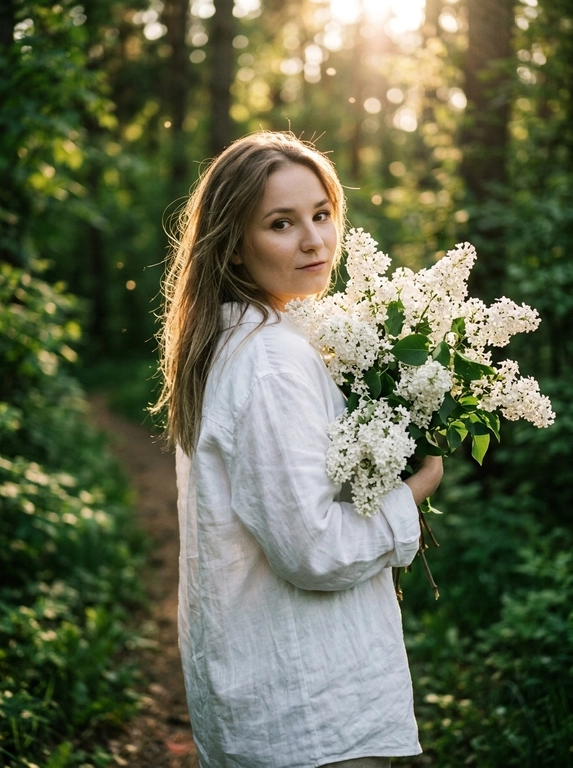 Кинематографичная фотореалистичная photography модели в лесу летом, снятая на Hasselblad X2D II 100C, 85mm lens, f/1.8, medium full shot, камера расположена на уровне талии и слегка сбоку. Модель стоит на узкой лесной тропинке среди густого зелёного леса, повернувшись вполоборота через плечо к камере. В руках она нежно прижимает к себе огромный букет цветов, отдельные ветки частично закрывают плечо и грудь. Выражение лица спокойное и чувственное, еле заметная улыбка, губы расслаблены, взгляд направлен прямо в камеру. На ней свободная белая длинная льняная рубашка oversize с длинными рукавами, натуральная слегка мятая ткань красиво подсвечивается солнцем. Кожа ровная, сияющая, с лёгким естественным загаром и realistic skin texture без plastic skin. Макияж soft natural glam: мягкий contouring, пушистые brows, длинные натуральные ресницы, subtle warm glow на коже. Тёплый золотой свет закатного солнца проходит сквозь деревья и создаёт cinematic backlight вокруг силуэта, мягкие солнечные блики на сирени и ткани одежды, глубокие зелёные тени в лесу. Атмосфера тихая, живая и немного dreamy, будто кадр из арт-фильма. Moody underexposed forest photography, warm golden highlights, rich deep greens, soft haze, subtle film grain, luxury Pinterest editorial aesthetic, ultra photorealistic RAW quality.

Какие будут цветы?: В руках белая сирень
