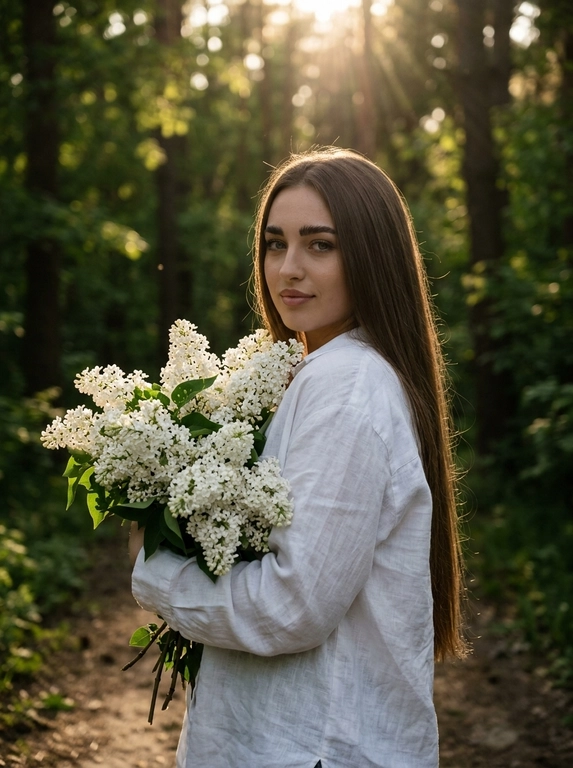 Кинематографичная фотореалистичная photography модели в лесу летом, снятая на Hasselblad X2D II 100C, 85mm lens, f/1.8, medium full shot, камера расположена на уровне талии и слегка сбоку. Модель стоит на узкой лесной тропинке среди густого зелёного леса, повернувшись вполоборота через плечо к камере. В руках она нежно прижимает к себе огромный букет цветов, отдельные ветки частично закрывают плечо и грудь. Выражение лица спокойное и чувственное, еле заметная улыбка, губы расслаблены, взгляд направлен прямо в камеру. На ней свободная белая длинная льняная рубашка oversize с длинными рукавами, натуральная слегка мятая ткань красиво подсвечивается солнцем. Кожа ровная, сияющая, с лёгким естественным загаром и realistic skin texture без plastic skin. Макияж soft natural glam: мягкий contouring, пушистые brows, длинные натуральные ресницы, subtle warm glow на коже. Тёплый золотой свет закатного солнца проходит сквозь деревья и создаёт cinematic backlight вокруг силуэта, мягкие солнечные блики на сирени и ткани одежды, глубокие зелёные тени в лесу. Атмосфера тихая, живая и немного dreamy, будто кадр из арт-фильма. Moody underexposed forest photography, warm golden highlights, rich deep greens, soft haze, subtle film grain, luxury Pinterest editorial aesthetic, ultra photorealistic RAW quality.

Какие будут цветы?: В руках белая сирень