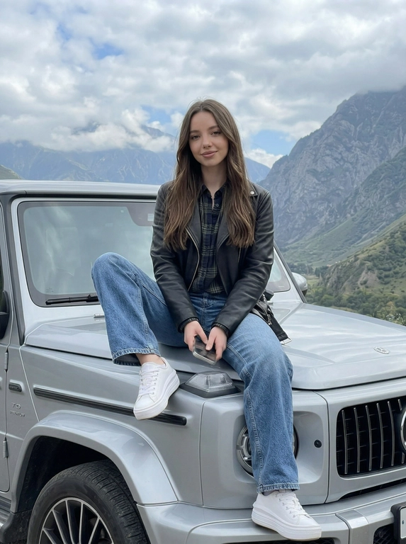 Любительская съемка на iPhone, уличный стиль Pinterest, гиперреализм. Женщина с фото сидит на капоте премиального авто, одна нога согнута, другая опущена. На ней стильный образ овер джинсы с заниженной талией джинсы, темная клетчатая рубашка и куртка кожаная: На ногах белые кеды на высокой подошве. Женщина с легкой улыбкой.
Идеальный макияж: подчеркнутые скулы, пухлые губы с матовой нюдово-бежевой помадой, густые ресницы, легкий влажный хайлайтер на выступающих частях лица. В руке телефон(эффек руки моушен). Задний фон: облачного неба и прекрасный горный пейзаж, возможно роза хутор. Мягкий рассеянный дневной свет. Высокая детализация текстур машины, пейзажа и ткани.