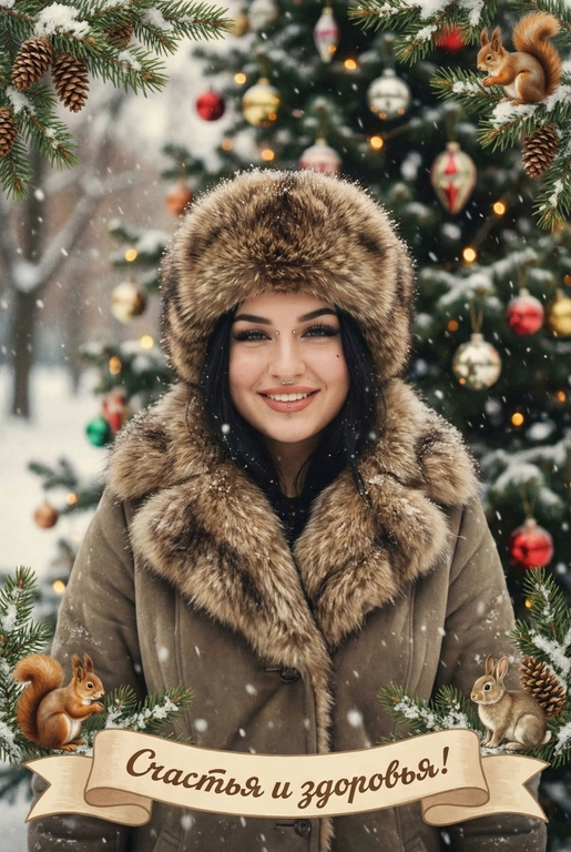   создай новогоднюю фотографию в стиле советского фильма: лица максимально похожи на исходное фото, на улице, в старой зимней одежде (пальто/шуба с меховым воротником, меховая шапки из ондатры или норки). Идёт снег. На фоне размытая украшенная советскими стеклянными игрушками ёлка с гирляндами и тёплыми огоньками. Внизу бежевая декоративная лента с надписью. Рамка по краям из еловых веток со снегом, добавить шишки, белочек и зайчиков. Атмосфера уюта и ностальгии, мягкие кистевые мазки, тонкая плёночная зернистость, мягкая глубина резкости. Надпись на ленте: "Счастья и здоровья!"