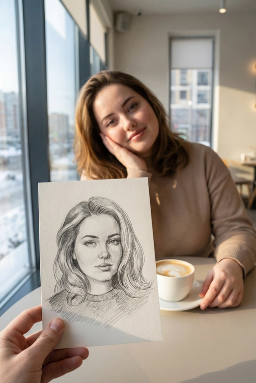 Используя загруженное эталонное фото этого человека, сохрани его черты лица, тон кожи, цвет и длину волос на 100% идентичными исходному изображению. Не меняй форму лица, индивидуальность, возраст или выражение. Сохрани реалистичную текстуру кожи и поры, избегая пластикового сглаживания или чрезмерной ретуши. Создай изображение человека с предоставленной фотографии, не изменяя его внешность и естественные особенности.
Снимок от первого лица: на переднем плане видна рука, держащая карандашный набросок портрета. На заднем плане, в легкой расфокусировке, сидит человек, по образу которого сделан этот рисунок. Композиция создает визуальный диалог между реальностью и искусством.
Человек на фоне смотрит в камеру с легкой, естественной улыбкой, подпирая щеку одной рукой и слегка наклонив голову. Макияж (если присутствует) естественный. На карандашном наброске изображено то же лицо, но с более спокойным, задумчивым и погруженным в себя выражением.
Человек на фоне одет в аккуратную, нейтральную повседневную одежду. На рисунке человек изображен в более свободном, художественном образе.
Сцена происходит в светлом, минималистичном дорогом кафе. Человек сидит за столом. На заднем плане видно большое окно с размытым городским зимним пейзажем. Перед человеком стоит керамическая белая кружка с капучино.
Золотой час. Яркий, но мягкий рассеянный дневной свет из бокового окна падает на лицо человека, создавая естественные блики и мягкие тени, подчеркивая уютную атмосферу.
Фотореалистичный стиль, имитация снимка на смартфон или цифровую камеру с портретным объективом. Малая глубина резкости (эффект боке): карандашный набросок в руке находится в идеальной резкости, а человек и фон — мягко размыты. Карандашный набросок должен выглядеть максимально реалистично, с видимой текстурой бумаги и штриховкой.