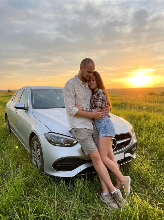 Молодая пара у Mercedes-Benz C-Class 2021