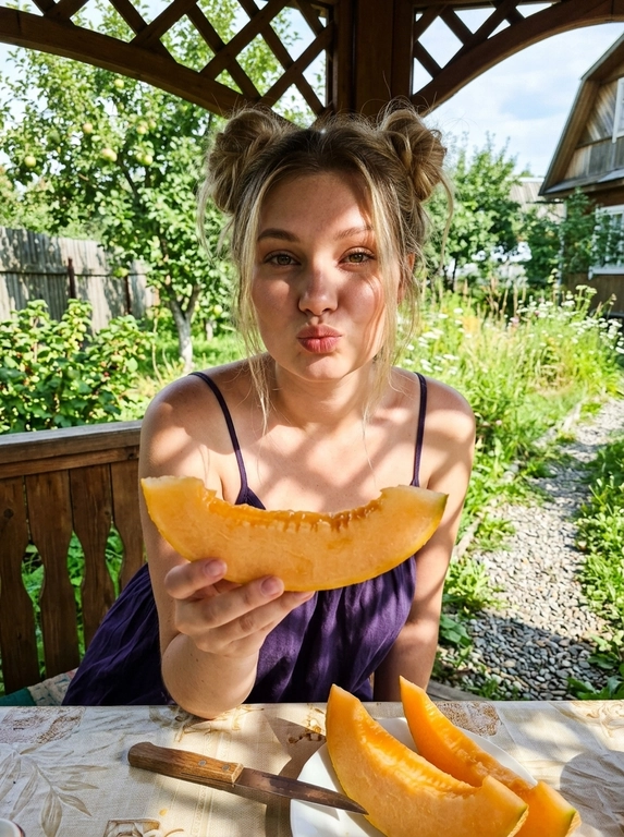 Ультрареалистичная летняя фотография в атмосфере русской дачи. Небольшая деревянная беседка в саду, вокруг зелёные яблони, кусты смородины, высокая трава и летние цветы. Тёплый день за городом, ощущение каникул у бабушки и беззаботного выходного.

Женщина сидит за дачным столом, покрытым светлой клеёнкой. Перед ней большая белая тарелка с крупными ломтиками спелой дыни, рядом на столе лежит кухонный нож с деревянной ручкой. Женщина держит в руке кусочек дыни и протягивает его прямо к камере, создавая эффект живого дружеского момента. Губы слегка вытянуты в игривый поцелуй, выражение лица тёплое и кокетливое.

 Макияж лёгкий дачный glam: аккуратные разделённые ресницы, мягкий контур губ.

Освещение: яркое летнее солнце. Жёсткий естественный свет проходит сквозь деревянные рейки беседки и листья деревьев, создавая контрастные полосы света и тени на лице, руках, столе, тарелке и клеёнке. Высокий контраст, натуральные тёплые цвета.

Кожа здоровая и ухоженная, видны поры, естественная текстура без ретуши. На заднем плане видны деревянный забор, садовые дорожки, кусты и часть дачного домика. Фотореализм, высокая детализация, natural skin texture, realistic summer light, cinematic grain, sharp focus.

Какая будет прическа?: Волосы густые, собраны в два небрежных пучка, выбившиеся пряди мягко обрамляют лицо. 

Какая будет одежда?: На женщине ситцевое платье тёмно-фиолетового цвета на тонких бретелях.