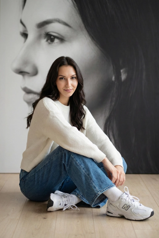   Максимально сохранить внешность, причёску и длину, как на фото.
Женщина должна сидеть на полу в изящной позе, в современном белом джемпере , в широких джинсах и белых носках и белых  кроссовках New Balance.

Её волосы как на фото
Выражение лица, как на фото, она смотрит на камеру .

Фон — тот же её профиль, в мягком крупном чёрно-белом художественном стиле, крупный план сбоку.

Композиция должна быть художественной, мягкой, реалистичной.
Создай изображение, которое выглядит как настоящая фотография.
