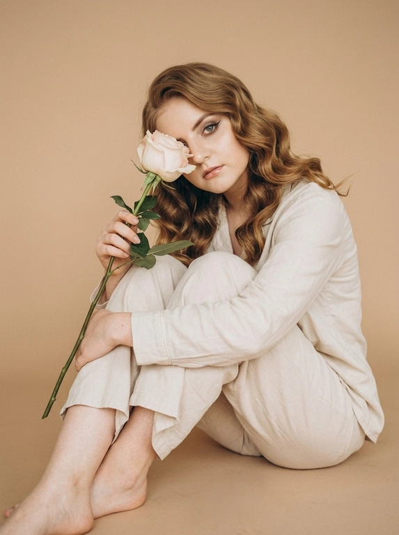 Сохрани внешность человека с исходного фото. Создай студийное фото на котором человек сидит на полу обнимая колени одной рукой. Второй рукой человек держит красивую нежную розу с большим бутоном, бутон цветка закрывает часть её лица. Макияж красивый профессионалный, ровная кожа с естественным сиянием, немного хайлайтера, дымчатые тени, красивые тонкие графичные стрелки, губы в прозрачном блеске. Одежда: светлый хлопковый костюм по типу пижамы, рубашка с длинным рукавом и свободные брюки. Но ноги босые. Фон бежевый, бесшовный и однотонный, фокус на человеке. Естественный свет допустимо лёгкое зерно. Высокое качество фото.

Прическа: Волосы ухоженные уложены крупные волнами.